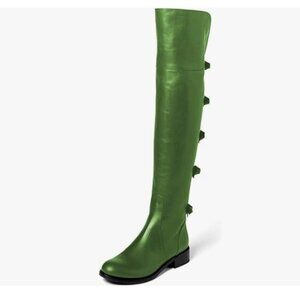 XYD Green Chunky Heel Round Toe Bowknots Over The Knee Thigh High Riding Boots